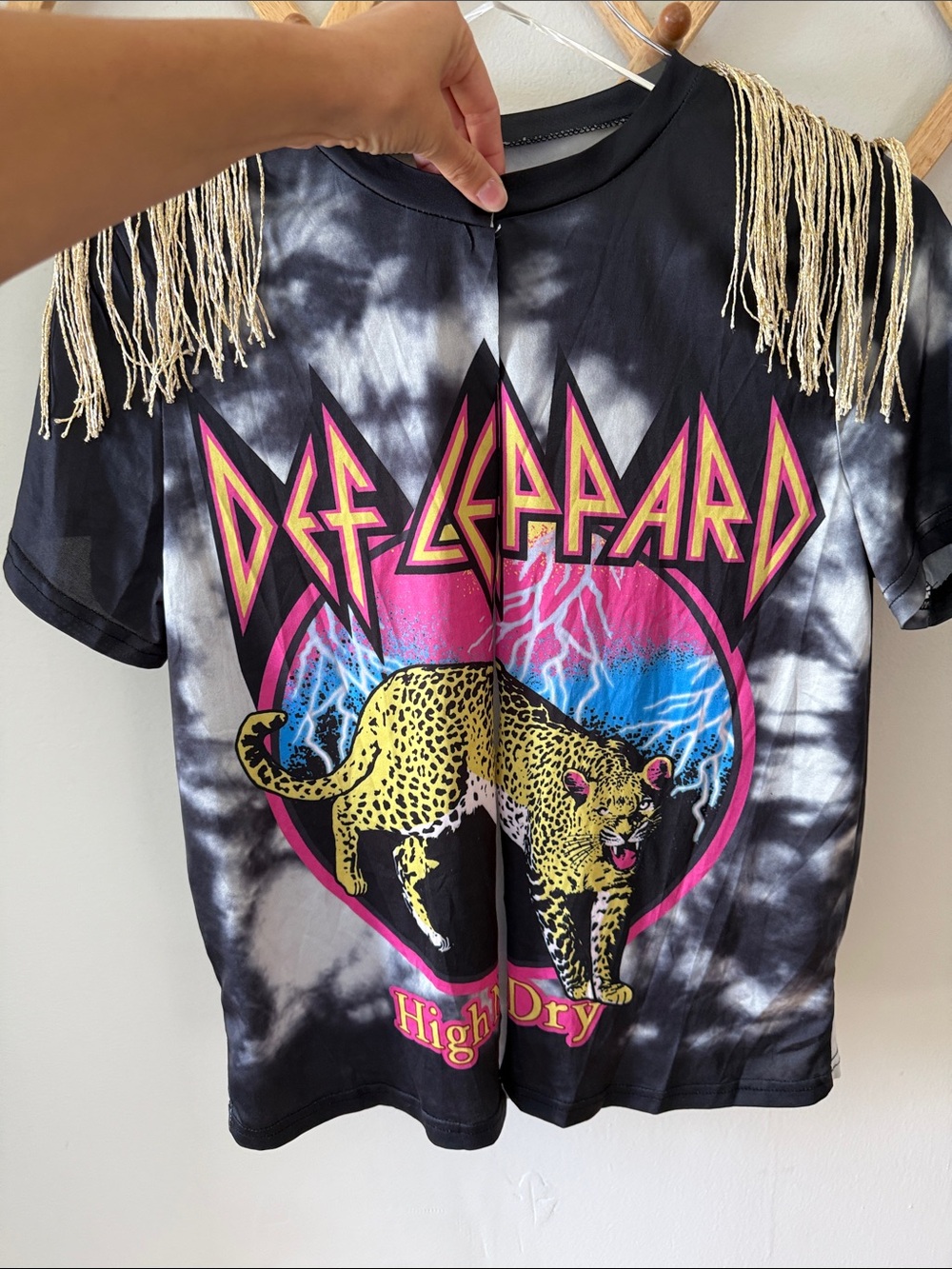 Def Leppard High N Dry Tie Dye Split Front Gold Fringe Tee Size S